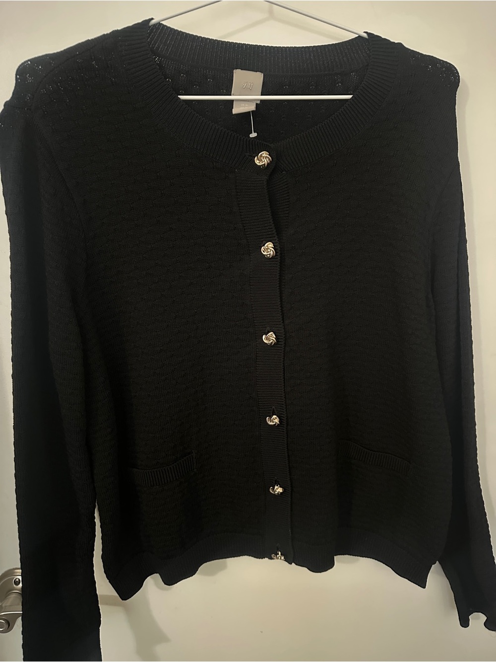H&M Black Textured Knit Cardigan Gold Knot Buttons XL New Without Tags